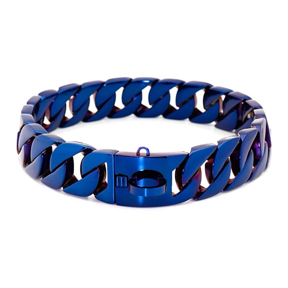 22” Blue Stainless Steel Cuban link dog collar 2lbs 1.5in thick Doberman pitbull